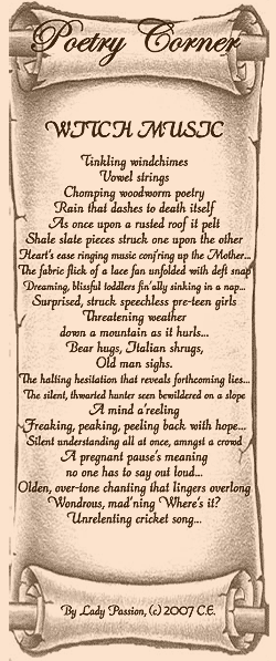 Witch Music poem printed on olde scroll, titled Poetry Corner