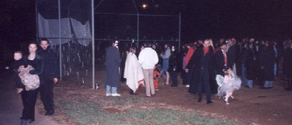 Long line for free divinations and fortunes told at Coven Oldenwilde's Samhain 97 free public Witch ritual at Asheville's Memorial Stadium