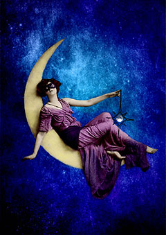 Masked lady reclining on crescent Moon, dangling a pendant star