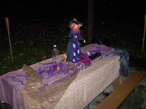 Decorated Spirit altar, in shades of purple and violet.