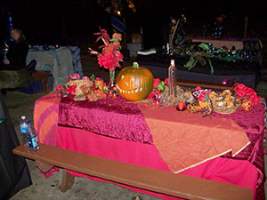 Decorated Fire altar, in hues of red and orange.