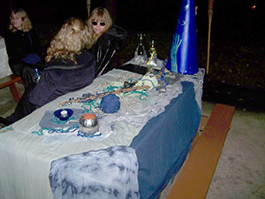 Decorated Water altar, in colors of blue, silver, and white.