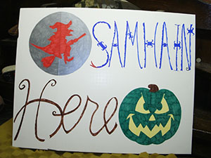 Samhain Here sign by Lady Passion of Wiccan Coven Oldenwilde at Asheville's Free Public Witch Ritual