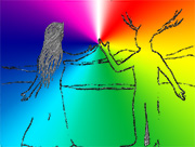 goddess and god join hands, flash and rainbow of light