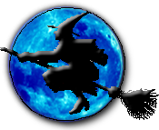 Witch flying broom in front of blue moon