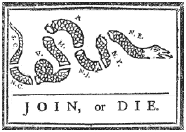 Fragmented serpent representing colonies, with slogan 'Join, or Die'