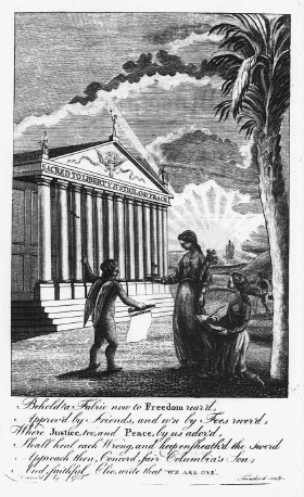 Engraving of Classical Temple Dedicated to Liberty, Justice, and Plenty