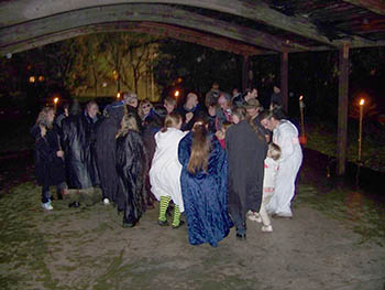 Attendees clustering in middle of pavilion.