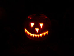 Grinning jack o'lantern.