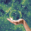 Hand holding crystal ball in space (Teleios, an actual celestial object)