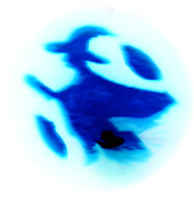 Blue inverse of pumpkin carved as witch flying on broom